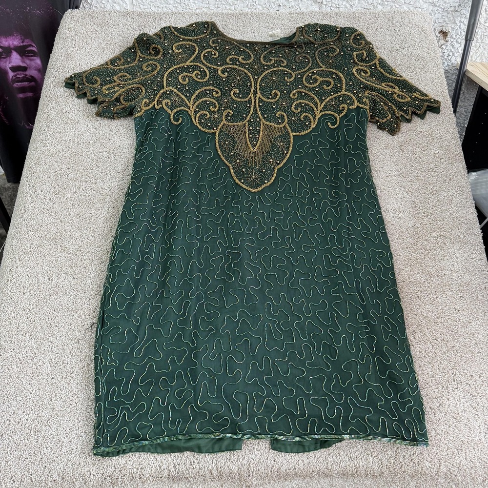 CARINA Dress Womens 3X Green Beaded Short Sleeve Silk Shift Midi Party Cocktail